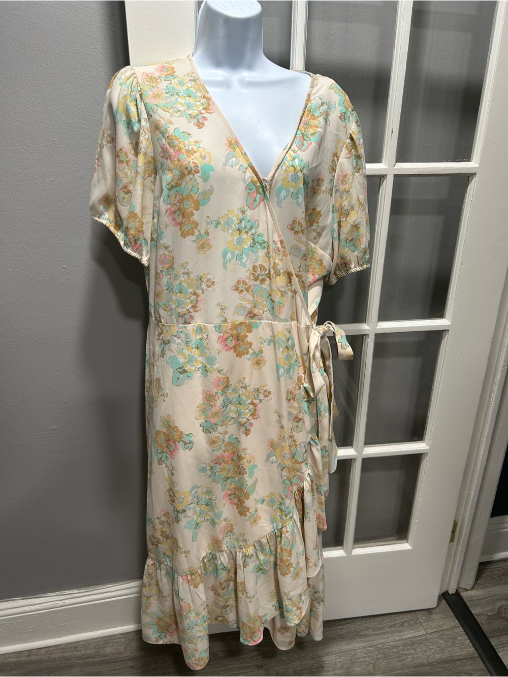 LC Lauren Conrad Cream Floral Wrap Midi Dress